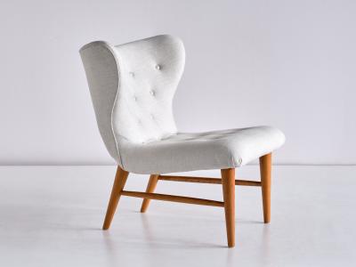 Eric Bertil Karl n Eric Bertil Karl n Pair of Lounge Chairs in Ivory Linen and Elm Sweden 1940s