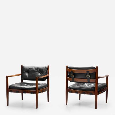Eric Merthen Leather and Wood Cadett Chairs by Eric Merthen for IRE M bel Sweden 1960s
