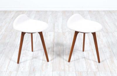 Erik Buch Danish Modern Teak Wool Boucle Stools by Erik Buch