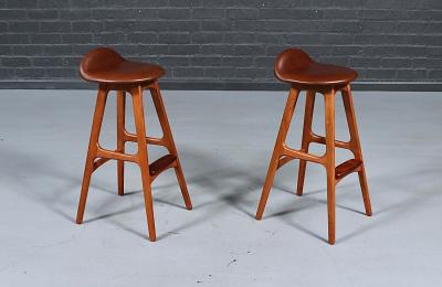 Erik Buch Erik Buch Teak Cognac Leather Bar Stools for Oddense Maskinsnedkeri