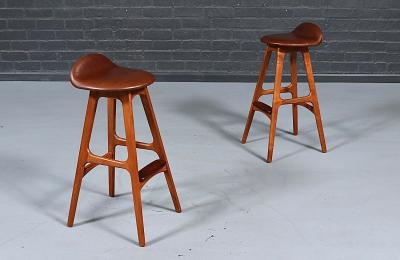 Erik Buch Erik Buch Teak Cognac Leather Bar Stools for Oddense Maskinsnedkeri
