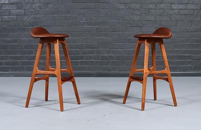 Erik Buch Erik Buch Teak Cognac Leather Bar Stools for Oddense Maskinsnedkeri