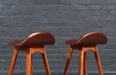 Erik Buch Erik Buch Teak Cognac Leather Bar Stools for Oddense Maskinsnedkeri