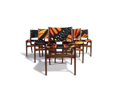 Erik Buch Mid century Erik Buck Danish Teak Dining Chairs in Abstract Velvet Print