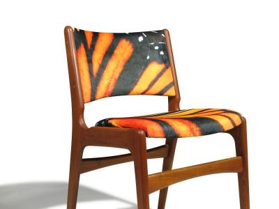 Erik Buch Mid century Erik Buck Danish Teak Dining Chairs in Abstract Velvet Print