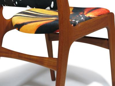 Erik Buch Mid century Erik Buck Danish Teak Dining Chairs in Abstract Velvet Print