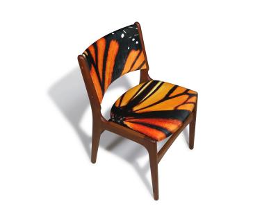 Erik Buch Mid century Erik Buck Danish Teak Dining Chairs in Abstract Velvet Print