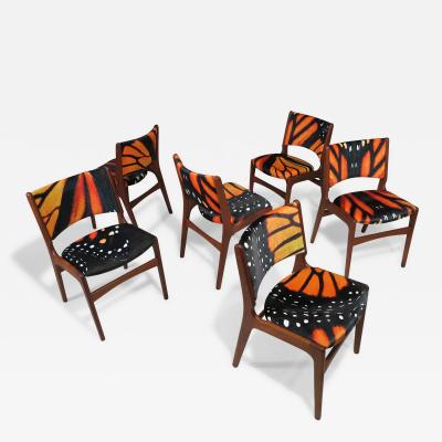Erik Buch Mid century Erik Buck Danish Teak Dining Chairs in Abstract Velvet Print