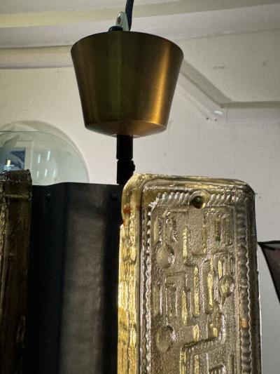 Erik H glund MID CENTURY CAST GLASS PANEL BRASS AND BLACK METAL PENDANT FIXTURE