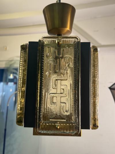 Erik H glund MID CENTURY CAST GLASS PANEL BRASS AND BLACK METAL PENDANT FIXTURE