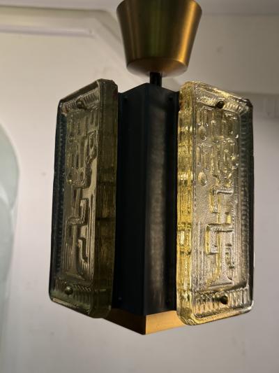 Erik H glund MID CENTURY CAST GLASS PANEL BRASS AND BLACK METAL PENDANT FIXTURE