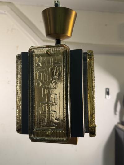 Erik H glund MID CENTURY CAST GLASS PANEL BRASS AND BLACK METAL PENDANT FIXTURE