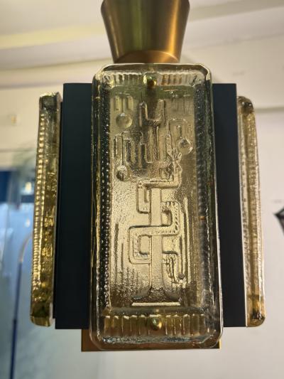 Erik H glund MID CENTURY CAST GLASS PANEL BRASS AND BLACK METAL PENDANT FIXTURE