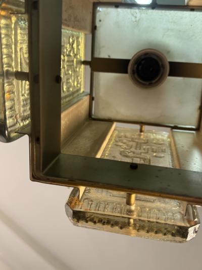 Erik H glund MID CENTURY CAST GLASS PANEL BRASS AND BLACK METAL PENDANT FIXTURE