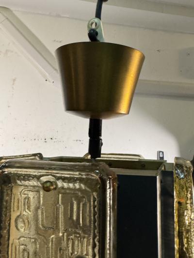 Erik H glund MID CENTURY CAST GLASS PANEL BRASS AND BLACK METAL PENDANT FIXTURE