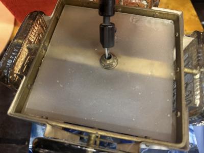 Erik H glund MID CENTURY CAST GLASS PANEL BRASS AND BLACK METAL PENDANT FIXTURE