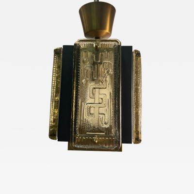 Erik H glund MID CENTURY CAST GLASS PANEL BRASS AND BLACK METAL PENDANT FIXTURE