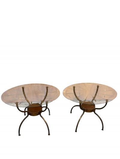 Erik H glund MID CENTURY IRON LOW SIDE TABLES GLASS ETCHED TOPS STYLE OF ERIK HOGLUND