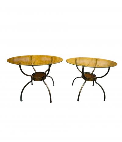 Erik H glund MID CENTURY IRON LOW SIDE TABLES GLASS ETCHED TOPS STYLE OF ERIK HOGLUND