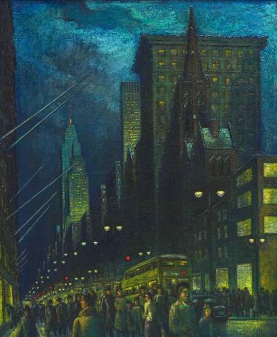 Ernest Fiene Winter Evening Fifth Avenue Night Scene