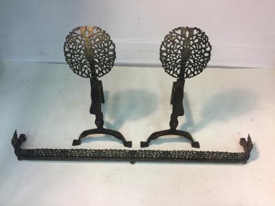 Ernest Gimson STYLIZED FOILIATE COTSWOLD SCHOOL ANDIRONS AND SURROUND