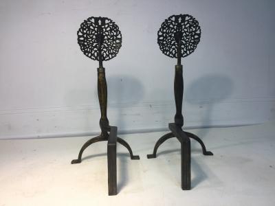 Ernest Gimson STYLIZED FOILIATE COTSWOLD SCHOOL ANDIRONS AND SURROUND