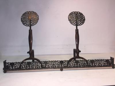 Ernest Gimson STYLIZED FOILIATE COTSWOLD SCHOOL ANDIRONS AND SURROUND