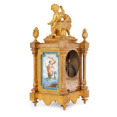 Ernest Royer Neoclassical mantel clock in ormolu and Sevres style porcelain by Ernest Royer