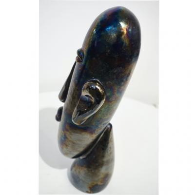 Ernesto Purisiol Italian Modernist Black Iridescent Murano Glass Sculpture in the Shape of a Head
