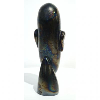 Ernesto Purisiol Italian Modernist Black Iridescent Murano Glass Sculpture in the Shape of a Head