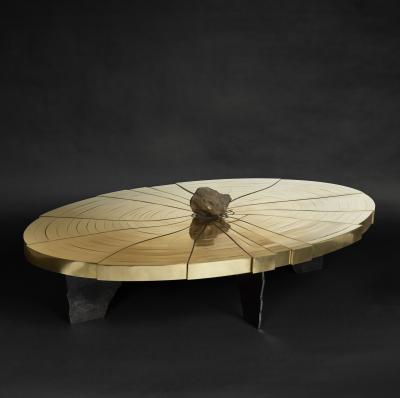 Erwan Boulloud Fracture Cosmique Brass Black Steel Coffee Table w Meteorite by Erwan Boulloud