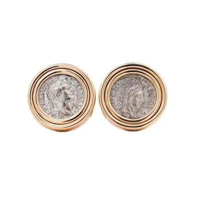 Estate Victorian Elagabalus Denarius 18K Gold Antique Roman Coin Clip On Earring