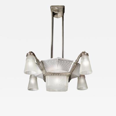 Etablissements Jean Gauthier Art Deco Molded Frosted Glass Chandelier signed EJG Etablissement Jean Gauthier