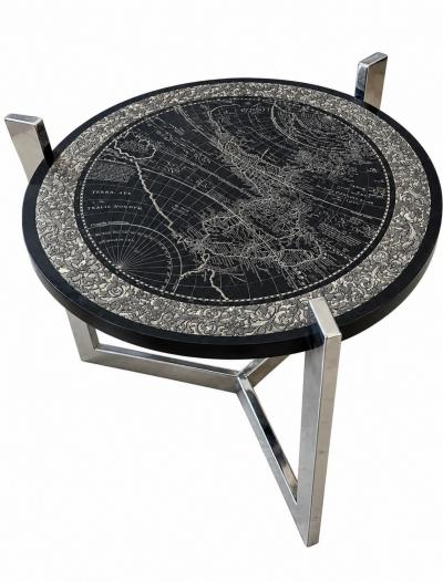 Etched Slate and Chrome Magellan World Map Side End Table 1970