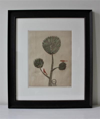 Etching of Girl by Tree