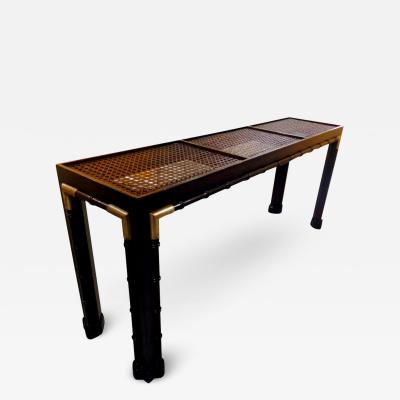 Ethan Allen Greenwood Faux Bamboo Cane and Smoked Glass Top Console Table