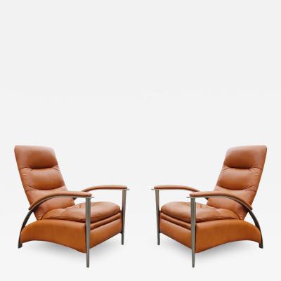Ethan Allen Milo Baughman Style Pair Orange Leather Steel Recliners Loungers by Ethan Allen
