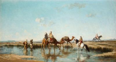 Etienne Billet French Orientalist oil painting of animals with riders by Etienne Billet