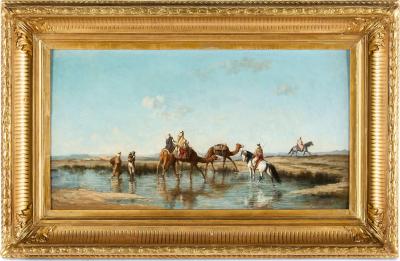 Etienne Billet French Orientalist oil painting of animals with riders by Etienne Billet