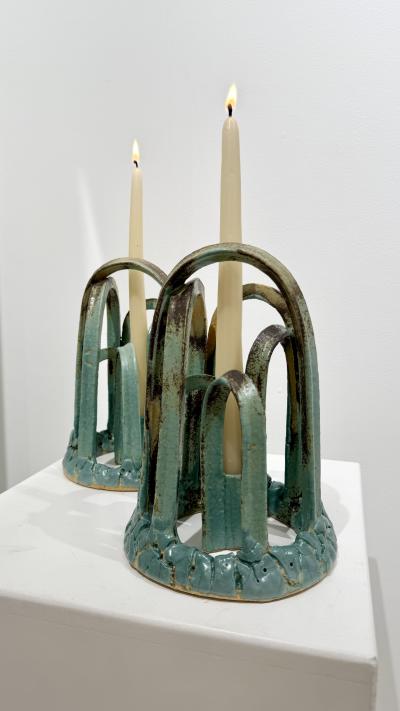 Etienne Dubernet KANDELA Pair of green glazed ceramic candle holders