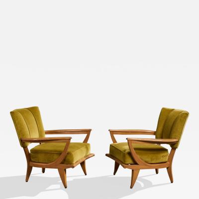 Etienne Henri Martin Lounge Chairs with Wood and Velvet France 1950s