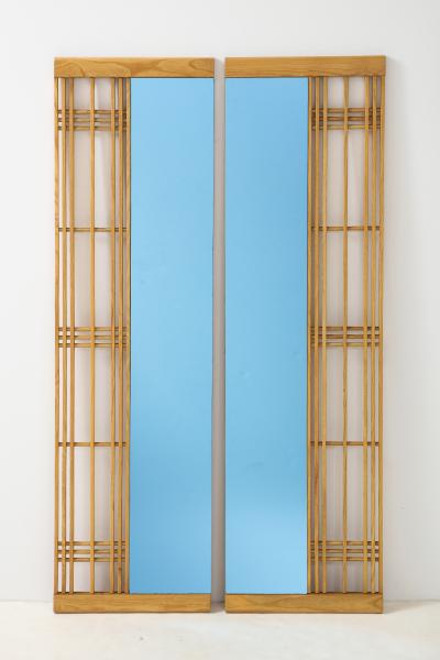 Ettore Sottsass Ettore Sottass Style Oak And Blue Glass Two Piece Mirror