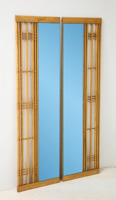 Ettore Sottsass Ettore Sottsass Style 1980s Oak Frame With Blue Glass Two Piece Mirror