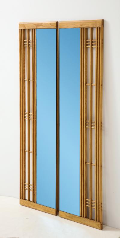 Ettore Sottsass Ettore Sottsass Style 1980s Oak Frame With Blue Glass Two Piece Mirror