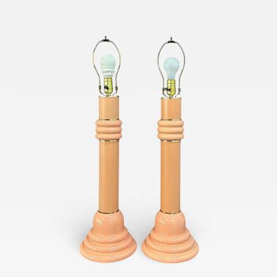 Ettore Sottsass Pair of Post Modern 1980s Peach Ceramic Table Lamps with Brass Trim