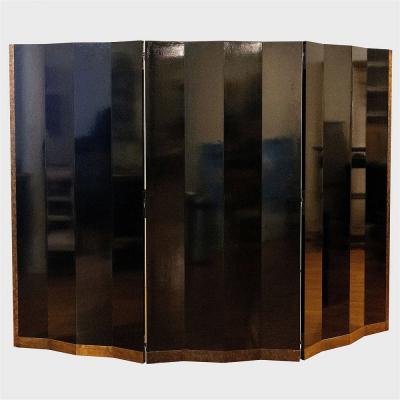Eug ne Printz Black Lacquer and Patinated Metal Mounted Paneled Three Part Screen