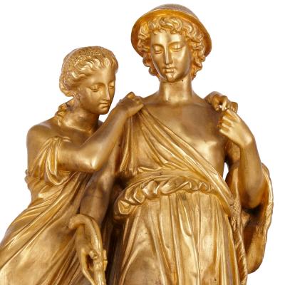 Eugene Aizelin Louis XVI style ormolu and rouge griotte marble clock set