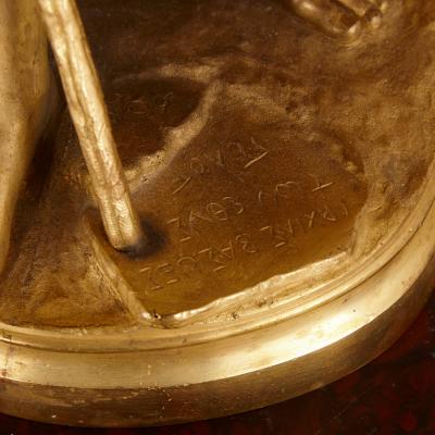 Eugene Aizelin Louis XVI style ormolu and rouge griotte marble clock set