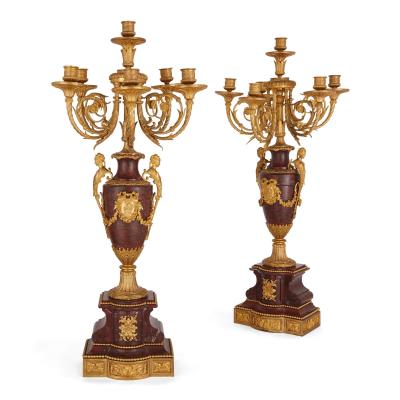 Eugene Aizelin Louis XVI style ormolu and rouge griotte marble clock set