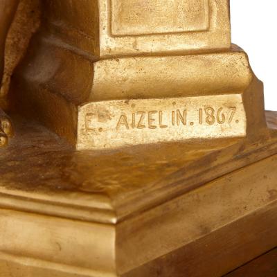 Eugene Aizelin Louis XVI style ormolu and rouge griotte marble clock set